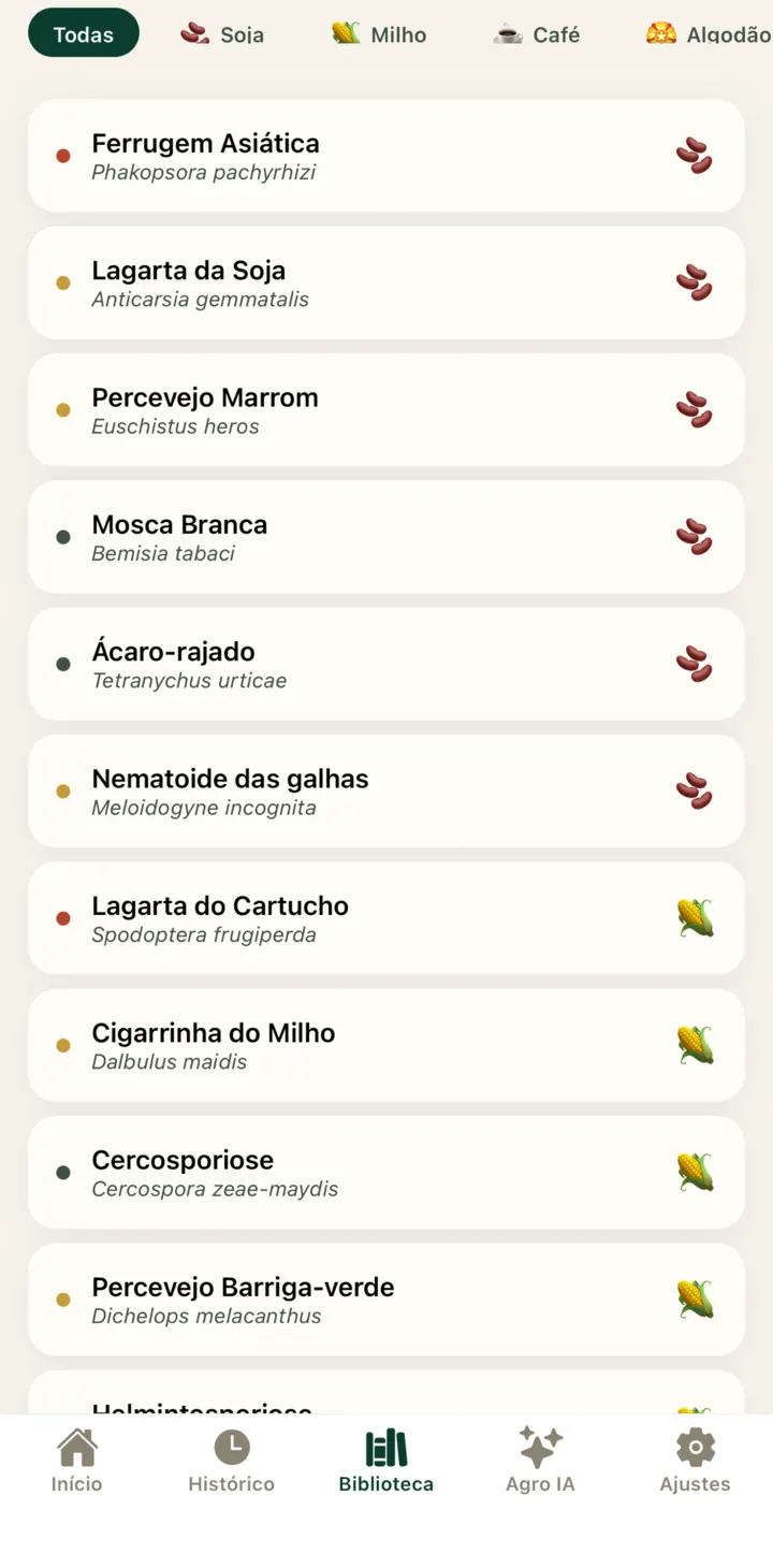 Tela do Rumo Pragas: biblioteca educativa com nomes comuns e científicos por cultura